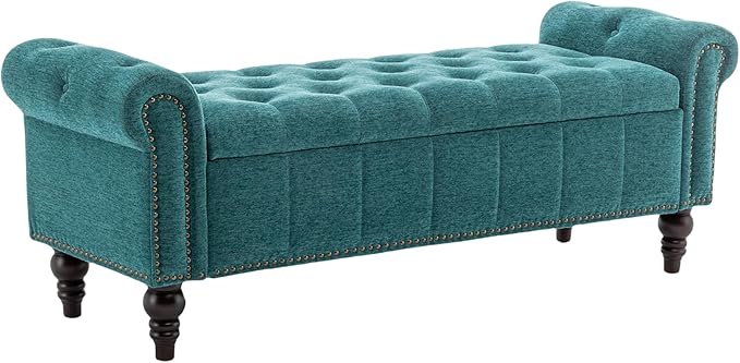 58’’ Storage Bench for Bedroom, Upholstered Button-Tufted Ottoman with Solid Wood Legs, Queen Size End of Bed Shoe Cabinet, Window Seat Foot Rest Stool for Entryway, Living Room (Teal)-PawvioPets