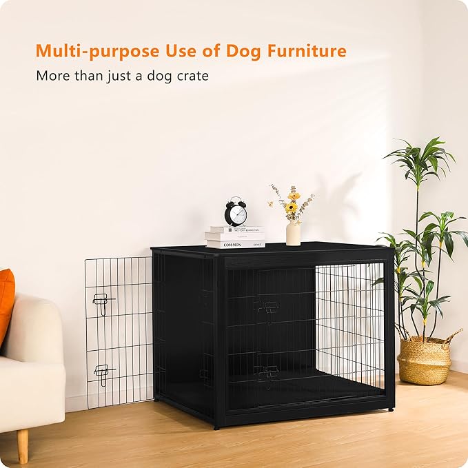 DWANTON Dog Crate Furniture with Cushion, Wooden Kennel Table with Double Doors, Indoor Dog House, Extra Large Size, 43.3" L, Black-PawvioPets