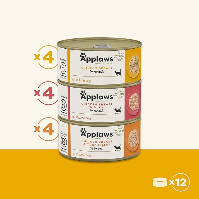 Applaws Natural Wet Canned Cat Food, Made with Limited and Natural Ingredients, Real Protein with No Artificial Additives, Chicken Selection Variety Pack in Broth (12 x 2.47oz Cans)-PawvioPets