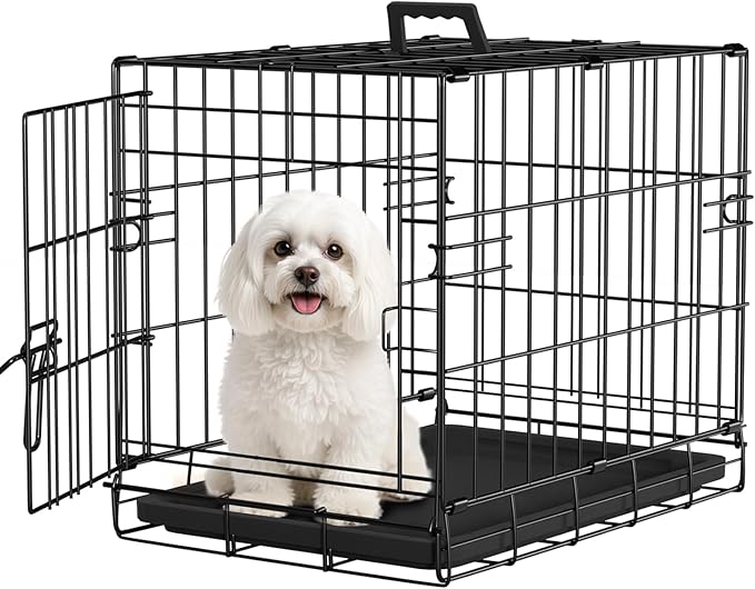 FDW Dog Crate for Small Dogs 18 Inch Folding Metal Wire Pet Cage Double Door W/Divider Panel Indoor Outdoor Kennel Leak-Proof Plastic Tray,Black-PawvioPets