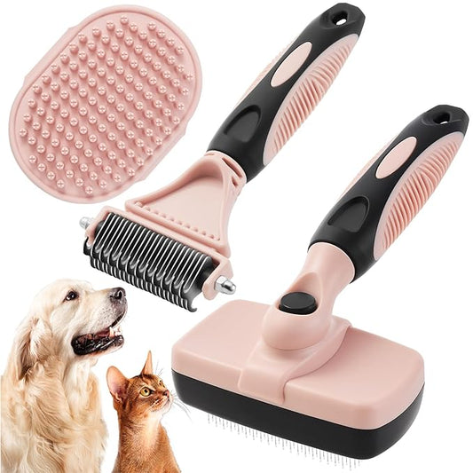 3PCS Cat & Dog Brush Set: Slicker & Deshedding Brush, Dematting Comb, and Bath Brush – Premium Grooming Tools for Shedding & Tangle-Free Fur (pink)-PawvioPets
