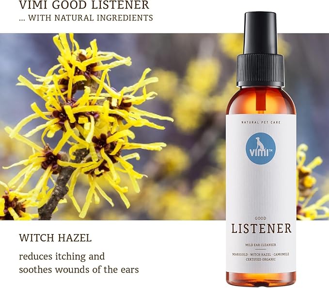 animaux vimi Ear Cleaner Good Listener - Ear Cleaner Spray for Sensitive Dog Ears - Ear Care with Camomile, Calendula & Witch Hazel - for Thorough & mild Cleaning - 3.38 Fl Oz-PawvioPets