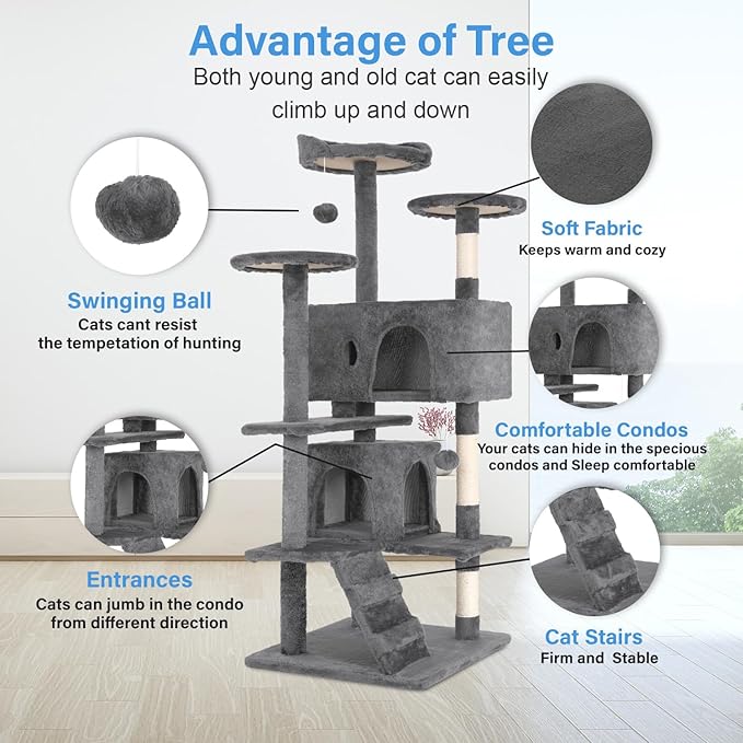 FDW Cat Tree 54in Cat Tower Multi-Level Durable Cat Scratching Post & Cozy Fun Cat Jumping Platform Space Saving Cat Condo Pet Play House for Indoor Cats,Light Gray-PawvioPets