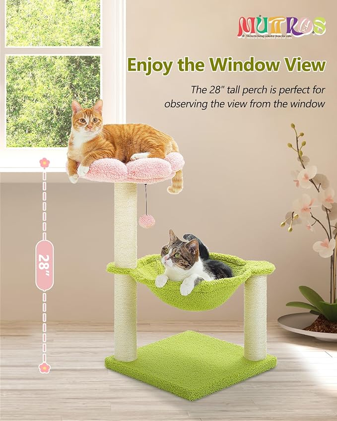 Flower Cat Tree, 28" Cat Tower with Cozy Flower Perch, Large Hammock for Indoor Small Cats, Cute Cat Tree with Sisal Scratching Post and Fur Toy Ball for Kittens, Pink-PawvioPets