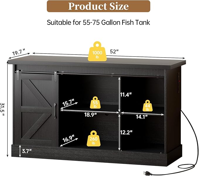55-75 Gallon Fish Tank Stand with Sliding Barn Doors & Power Outlet, Heavy Duty Aquarium Stand with Cabinet Storage for Fish Tank, Turtle Tank, Reptile Terrarium, 1000LBS Capacity, Black-PawvioPets