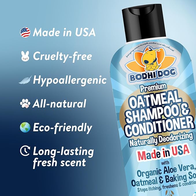 Bodhi Dog Oatmeal Shampoo & Conditioner - Hypoallergenic Formula - Naturally Deodorize Dogs, Cats & Pets - Made w/Organic Ingredients - Moisturizes Dry & Itchy Skin - Made in USA (Oatmeal, 17 Fl Oz)-PawvioPets