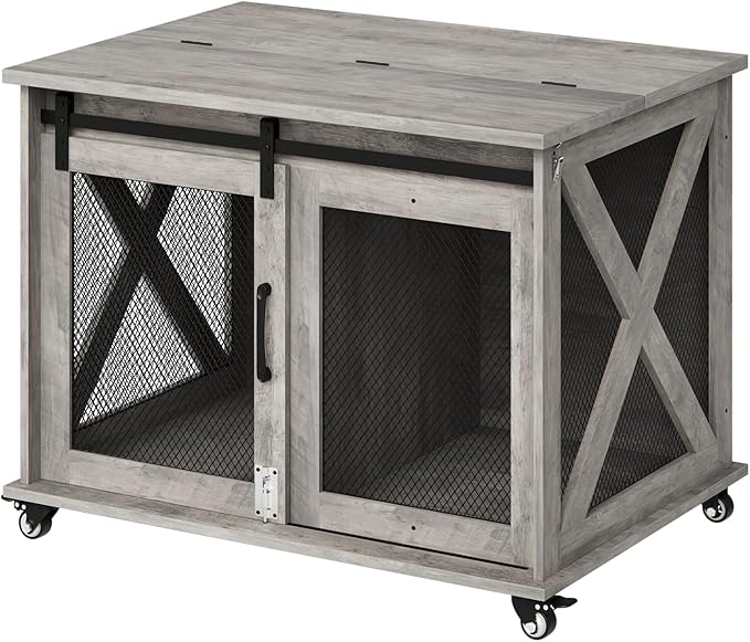 Dog Crate Furniture,37 Inch Indoor Dog Cage with Sliding Barn Door, Flip Top Dog Kennel End Table with Removable Divider, Farmhouse Wooden Pet House for Small to Middle Size Dogs-PawvioPets