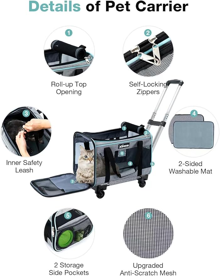 Cat Dog Carrier with Wheels Airline Approved Rolling Pet Carrier with Telescopic Handle, Shoulder Strap and Pet Bowl, Grey-PawvioPets