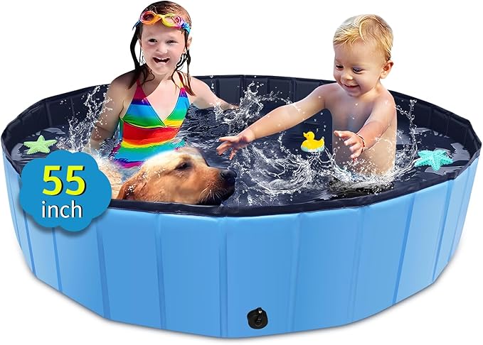 Foldable Dog Pool, 55" x 12" Kiddie Pool with Hard Plastic, Non-Slip Dog Bath Tub for Outdoor Backyard, Collapsible Dog Swimming Pool for Kids Dogs Pets (Blue)-PawvioPets