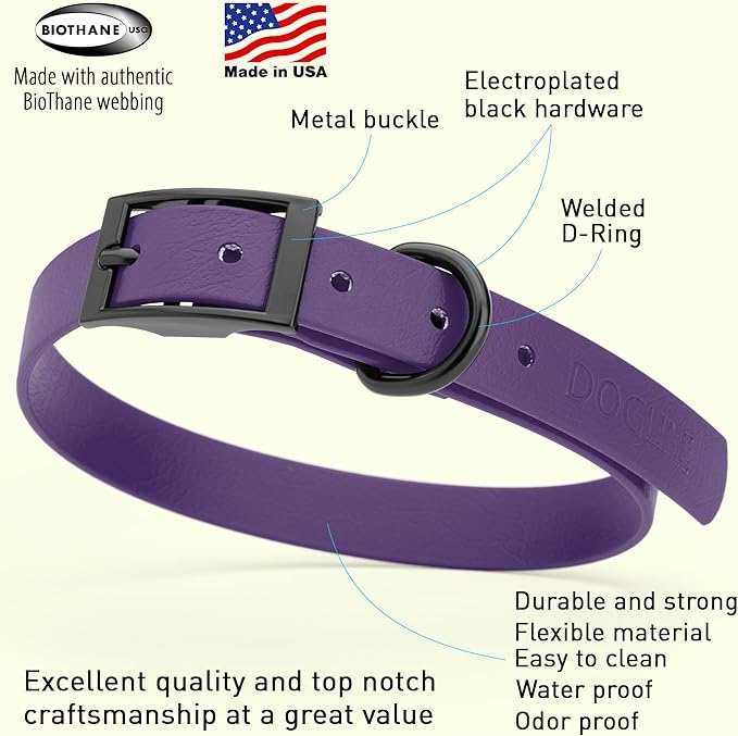 Dogline Biothane Waterproof Dog Collar Strong Coated Nylon Webbing with Black Hardware Odor- Proof for Easy Care Easy to Clean High Performance Fits Small Medium or Large Dogs, Violet Purple-PawvioPets