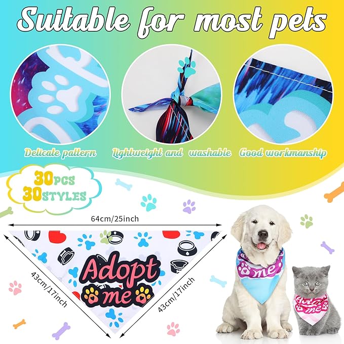 30 Pcs Dog Bandanas Bulk Pet Bibs Colorful Triangle Scarf Pet Bandanas for Medium Large Dogs Spring Summer Birthday Costume Decoration (Adopt Me)-PawvioPets