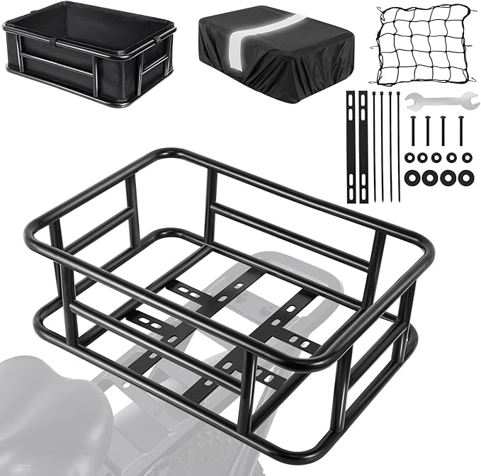 Bike Basket Rear with Liner,Waterproof Cover,Cargo Net Large Rear Bike Basket,Heavy Duty Bicycle Rear Basket for Electric Bike, Ebike,Great for Bike Trip,Carrying Grocery,Ball,Dog-PawvioPets