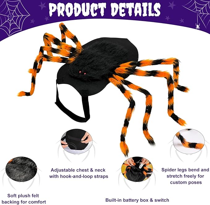 Dog Halloween Costume Large Breed, Furry Dog Spider Costume with 64 LED, Funny Halloween Dogs Costumes for Large Dogs Medium Pet Halloween Party Cosplay (Orange)-PawvioPets