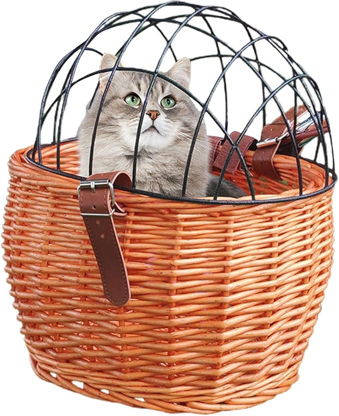 Bike Pet Basket, Wicker Bike Basket for Small Dogs Cats Pet Carrier Front Basket with Wire Mesh Cover and Lid, Wicker Basket for Dogs and Cats, Rattan Storage Basket, 11.81 * 9.84 inch (A)-PawvioPets