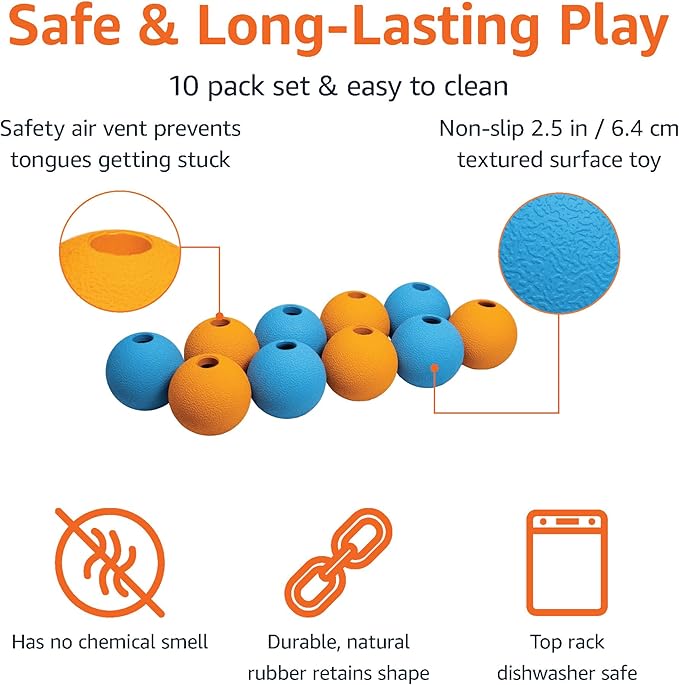 Amazon Basics Dog Toys, Interactive Fetch Rubber Balls, (Pack of 10), 2.5 inch, Multi-Color Blue/Orange-PawvioPets