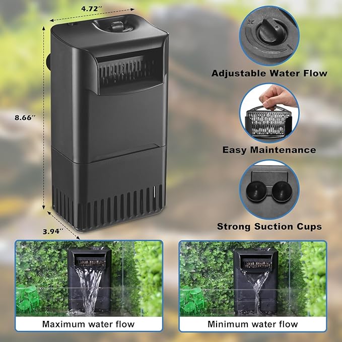222GPH 10W Turtle Tank Filter Aquarium Filter Power Adjustable 10-40 Gal. Small Internal Filter 3-Stage Waterfall Bio-Filtration Quiet Low Water Level for Freshwater Saltwater Fish Tank Easy to Clean-PawvioPets