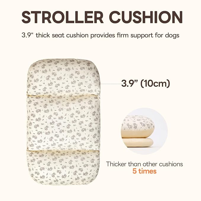 Dog Stroller Cushion & Mat, Pet Stroller Cushion for Dogs & Cats, 5-Level Waterproof & Removable Inner Core, Dog-Ergonomic 3-Zone Support, 4-inch Thickness (Flower Set)-PawvioPets