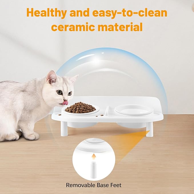 Elevated Cat Bowls, Tilted Rised Cat Food and Water Bowl with 2 Pcs Ceramic Pet Bowls, Rised Stand, Pet Dish Anti Vomiting Feeding Station for All Sized Cats & Small Dogs (White)-PawvioPets