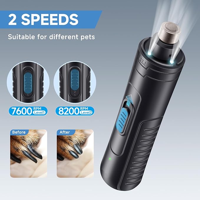 Dog Nail Grinder Quiet 2-Speed Pet Nail Grinder with 3 Led Lights and 3 Ports Rechargeable Electric Dog Nail Trimmer for Large and Small Dogs/Cats and Small Animals Safe (Black)-PawvioPets