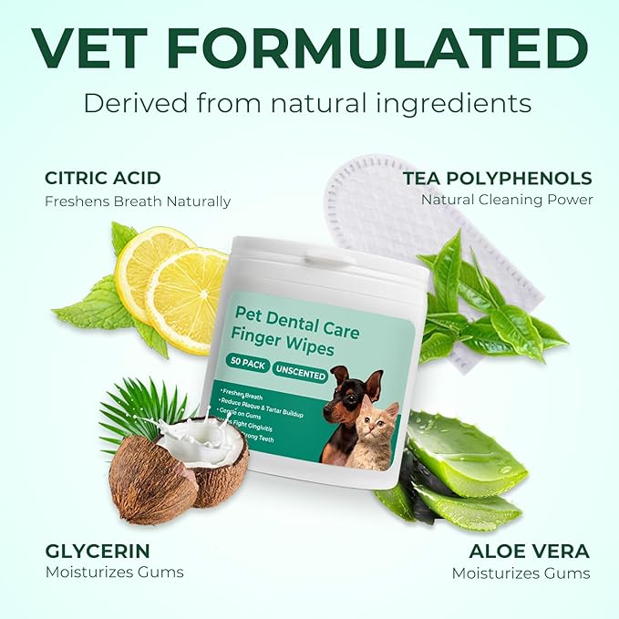 Dog Teeth Cleaning Wipes 50 Pack, Reduces Plaque and Freshens Breath, Dog Dental Wipes Dog Tooth Brushing Kit, No-Rinse Dog Toothbrush Finger Wipes Dental Care for Dogs Cats-PawvioPets