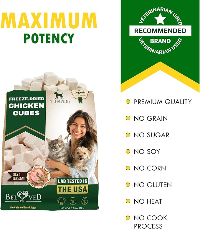 Beloved Pets Dog & Cat Treats Freeze Dried Chicken Cubes 5.3 oz - All Natural Meat Raw Pet Food - Human Grade High-Protein Snacks & Grain-Free Jerky Chews for Cats and Small Dogs-PawvioPets