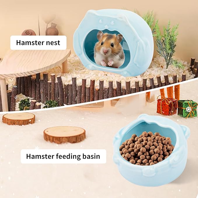 Bear-Shaped Hamster Hideout & Food Bowl Set - Ceramic Habitat for Syrian Dwarf Hamsters, Mice, Gerbils - All-Season Use, Chew-Proof Ceramic House and Feeding Dish for Small Pets(Blue)-PawvioPets