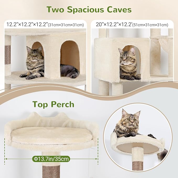 Globlazer Heavy Duty Cat Trees for Large Cats, Sturdy 72in Maine Coon Cat Tree for Large Cat 20 lbs+ Heavy Duty Cat Tower for Adult Biggest Cats with 6 Scratching Posts, Hammock, S72, Beige-PawvioPets