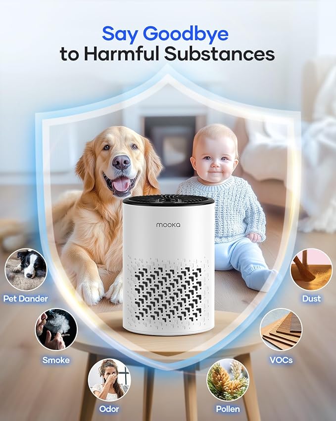 Air Purifiers for Bedroom Home, MOOKA HEPA Air Purifier for Home Pets with Fragrance Sponge for Smoke Dust Pollen Dander Odor, Small Air Cleaner with Sleep Mode Night Light Timer, KJ067L, White-PawvioPets