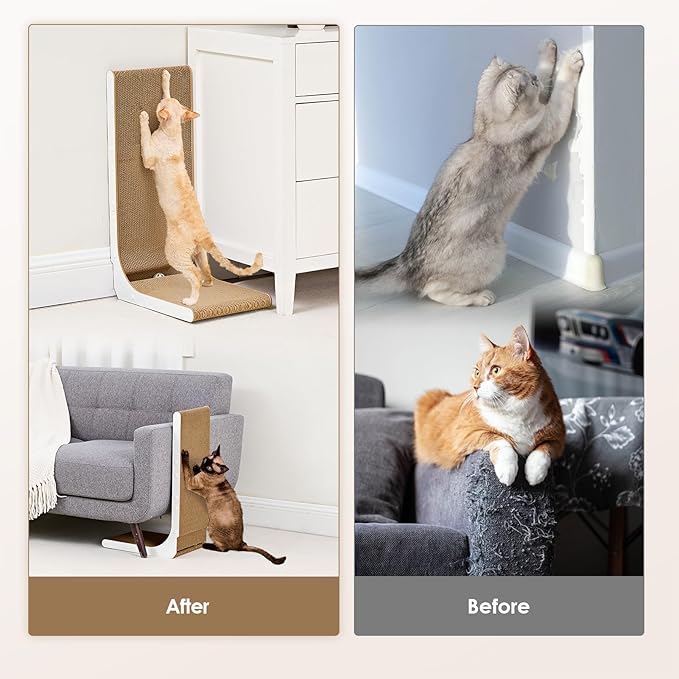 EHEYCIGA Cardboard Cat Scratcher for Indoor Cats, 26.8 Inch L Shaped Vertical Cat Scratching Board with Ball Cat Toy, Large Cat Scratcher Pad, White-PawvioPets