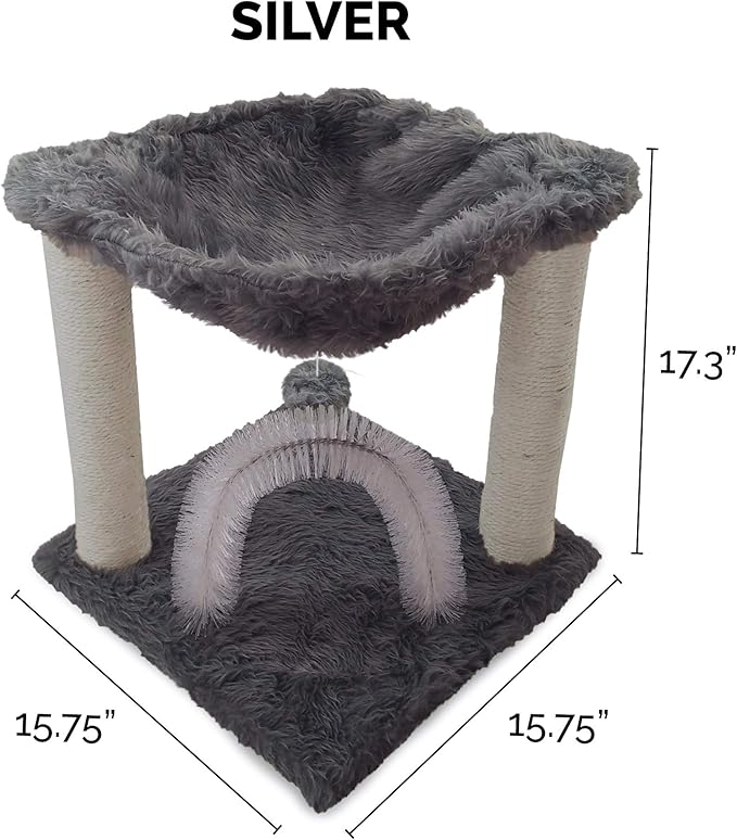 Furhaven 15.75" Tall Playground for Indoor Cats, Ft. Sisal Scratching Posts, Self-Grooming Brush, & Toy - Tiger Tough Hammock Interactive Playground - Silver, One Size-PawvioPets