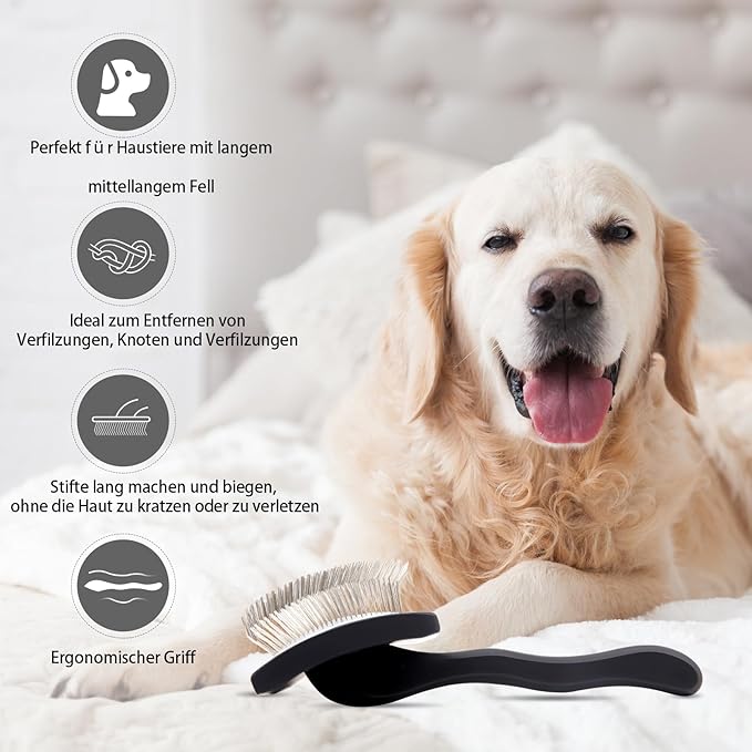 Dog Slicker Brush for Shedding and Grooming Medium or Long Haired Cats, Extra Long & Soft Pin Slicker Brush for Removes Loose Hair, Tangles, Knots, Undercoat, Free Pet Comb, Large Black-PawvioPets