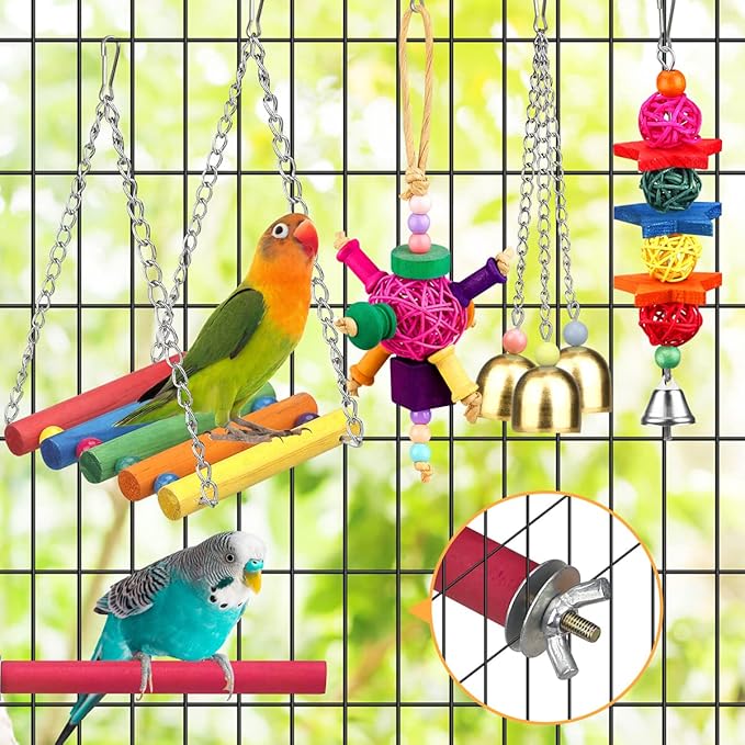 Bird Toys for Conures with Colorful Ladder Hammock Bird Cage Accerious Bird Perch Stand Chewing Toys Hanging Bell for Parrot Parakeet Cockatiel Lovebirds-PawvioPets