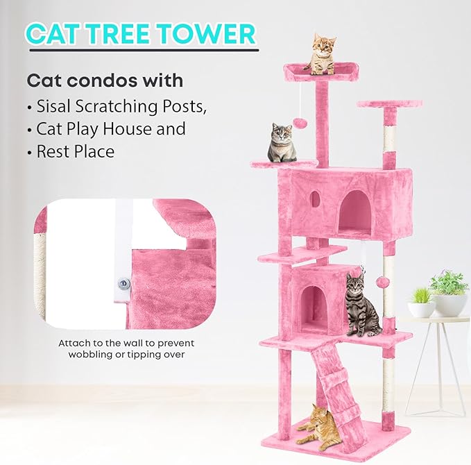 FDW Cat Tree 70in Cat Tower Multi-Level Durable Cat Scratching Post & Cozy Fun Cat Jumping Platform Space Saving Cat Condo Pet Play House for Indoor Cats,Pink-PawvioPets