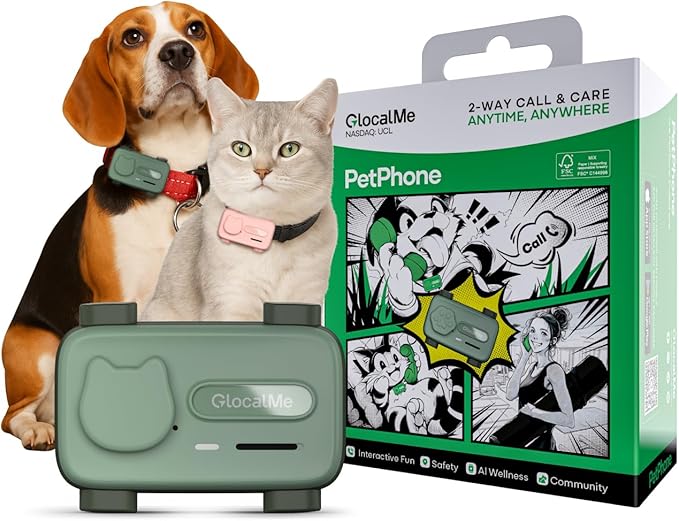 GlocalMe PetPhone for Dog and Cat, Support Play Music and Two-Way Call, Pet Community and AI Health Alerts, Real Time Tracking and Virtual Fence, Unlimited Range Pet GPS Tracker (Green)-PawvioPets