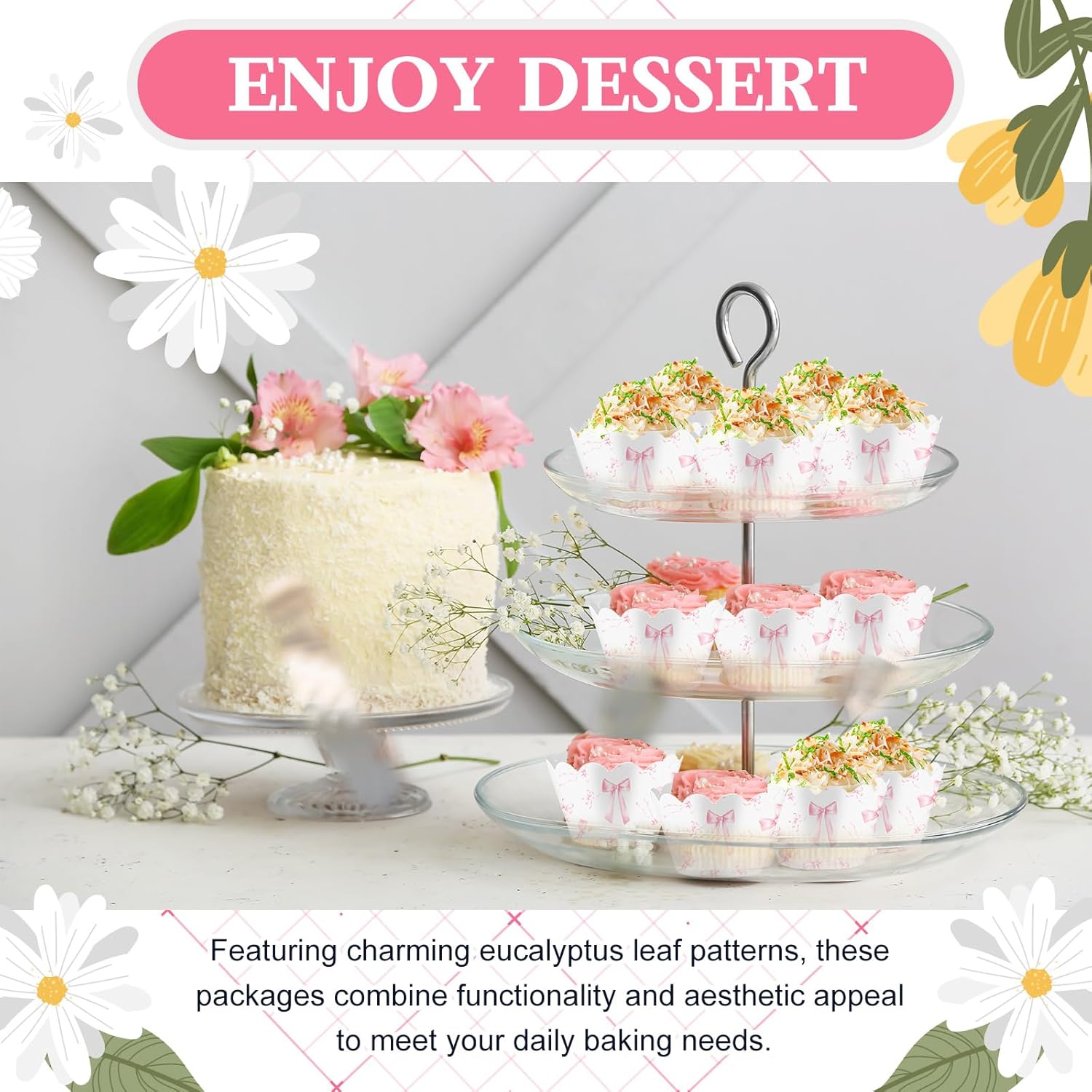 Domensi 100 Pcs Pink Bow Cupcake Wrappers Rustic Cupcake Liners Pink Baking Cups Baking Liners for Wedding Bridal Baby Shower Birthday Breast Cancer Awareness Party Supplies Dessert Decoration