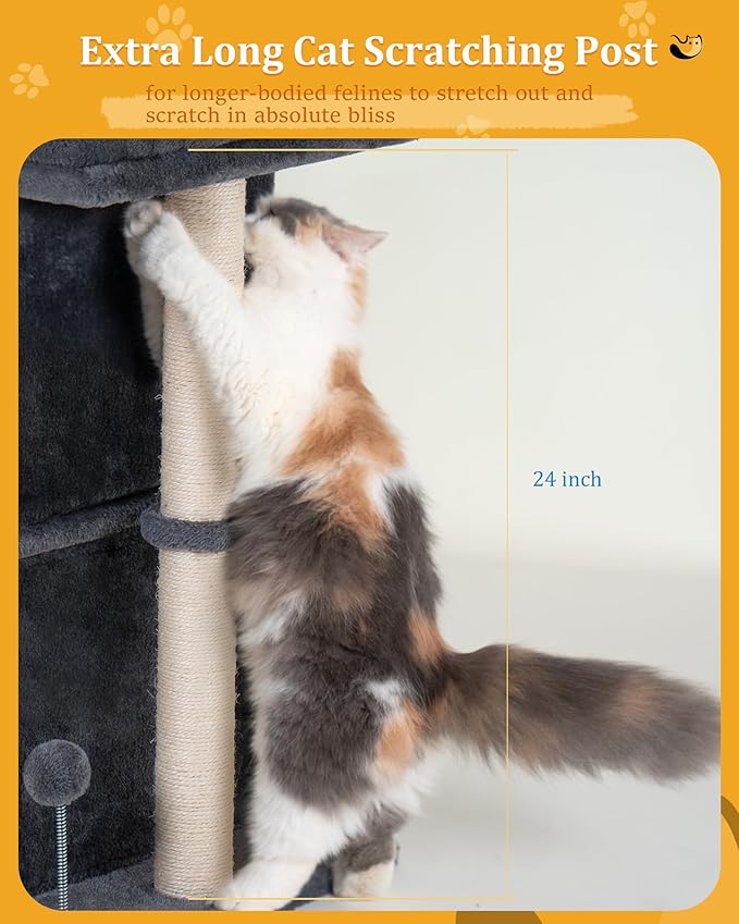 24in Cat Tree Tower with Scratching Post, 19 * 16.5in Window Perch for Large Cats, 2 Cat Condo Cubbies for Indoor Kittens, Dark Gray-PawvioPets