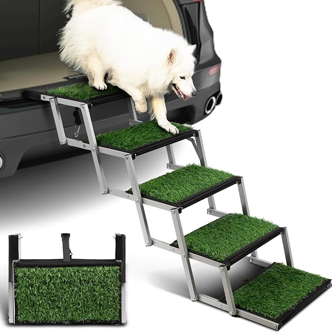 Dog Stairs for Car, Portable Folding Dog Ramps,Dog Steps for Large Dogs with Non-Slip Grass Rug for Cars, SUV, Trucks, Lightweight Pet Ramp Supports Up to 200 lb, 5 Steps-PawvioPets