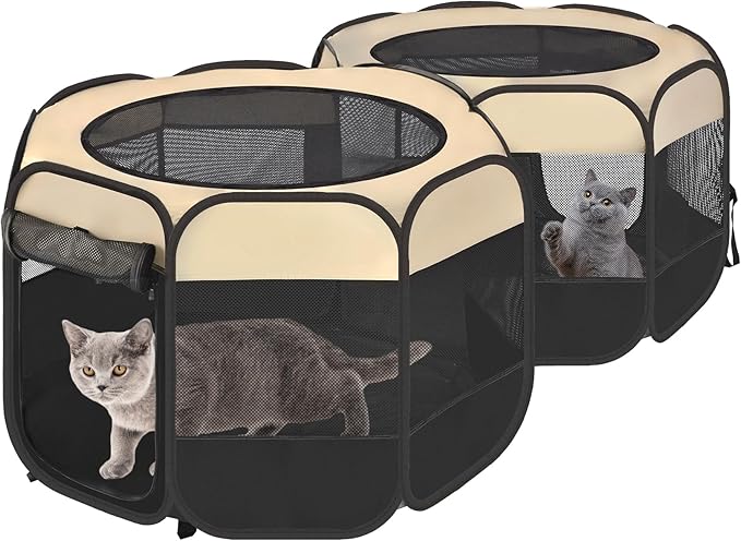 EighteenTek 2-in-1 Pop Up Cat Playpen, Assembly-Free Dog Puppy Pet Playpen, Indoor Outdoor Cats Enclosed, Cat Tent House Crate Cage, Portable & Foldable Playpen for Kittens(No Divider, Unified Space)-PawvioPets