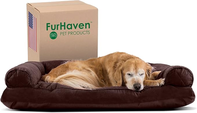 Furhaven Pillow Dog Bed for Large Dogs w/ Removable Bolsters & Washable Cover - Quilted Sofa - Coffee, Jumbo/XL-PawvioPets