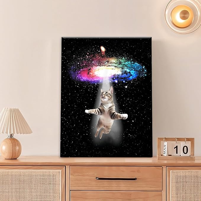 Funny Cat Wall Art Canvas Galaxy Wall Decor Prints Framed Painting Animal Pictures Gifts Artwork for Bathroom Living Dining Kitchen 16"x20"-PawvioPets