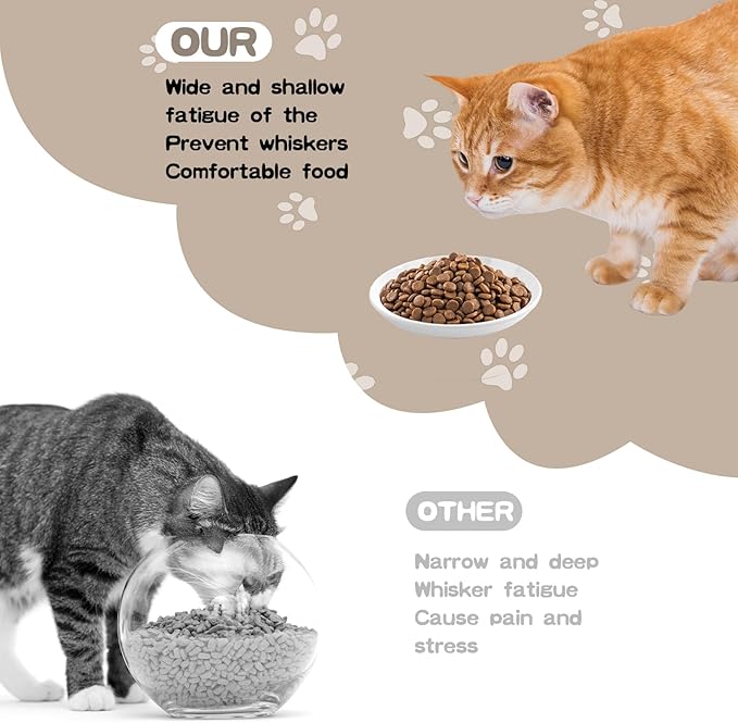 6 Pack Cat Food Bowl, Ceramic Cat Bowls, Anti Whisker Fatigue Cats Bowl Set,5.5 Inches Shallow Wide Kitten Plates for Food and Water (Cat's Paw+Fishbone)-PawvioPets