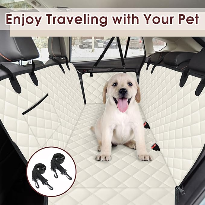 Dog Car Seat Cover, Durable Waterproof Scratch Proof Nonslip Dog Hammock, Pet Back Seat Covers with Pocket for Cars SUVs and Trucks - L, Beige/Black-PawvioPets