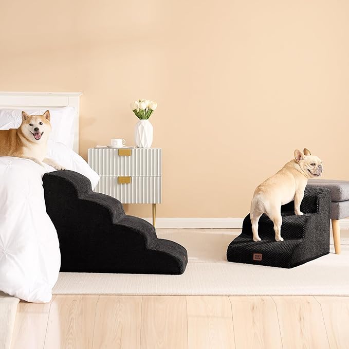 EHEYCIGA Curved Dog Stairs Ramp for Small Dogs 15.7" H, 3-Step Dog Steps for Couch Sofa and Chair, Pet Stairs for Cats, Non-Slip Balanced Pet Steps Indoor, Black-PawvioPets