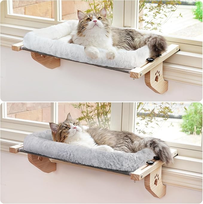 AMOSIJOY Cat Sill Window Perch Sturdy Hammock Window Seat with Cushion Cover, Wood & Metal Frame for Large Cats, Easy to Adjust Cat Bed for Windowsill, Bedside, Drawer and Cabinet (L)-PawvioPets