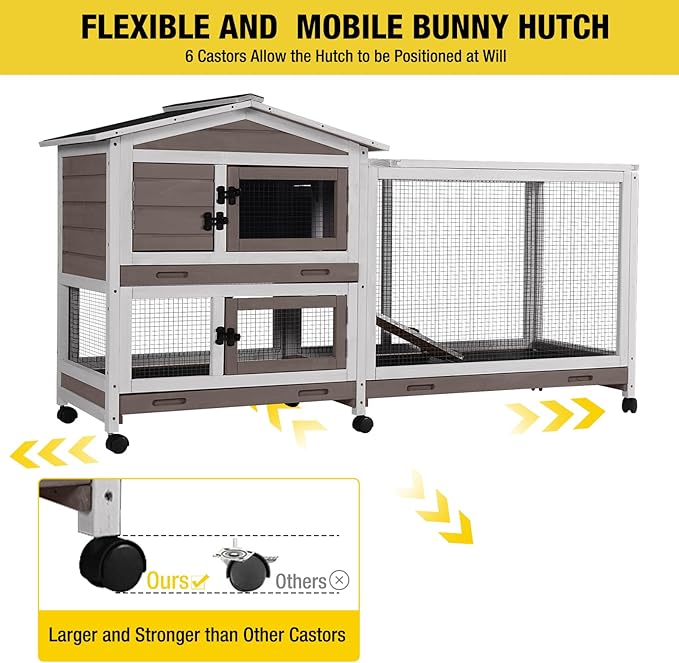 Aivituvin Rabbit Hutch 62" Rabbit Cage Indoor Outdoor Chicken Coop Guinea Pig Cage on Wheels Bunny Cage with 3 Deep No Leakage Pull Out Tray,Waterproof Roof (Brown)-PawvioPets