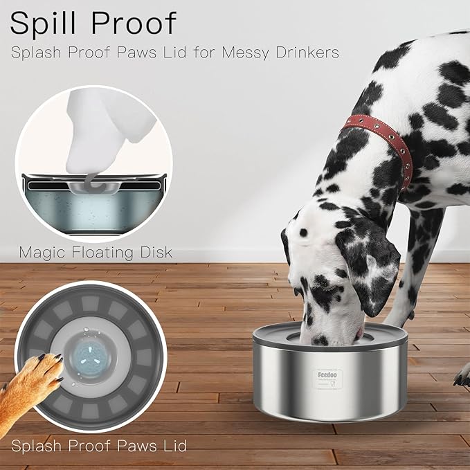 2L No Spill Water Bowl for Dogs, Double-Wall Stainless Steel with Splash-Proof Paws Lid and Floating Disk, Non-Slip Base, Easy to Clean Slow Water Feeder for Small Medium Dogs-PawvioPets