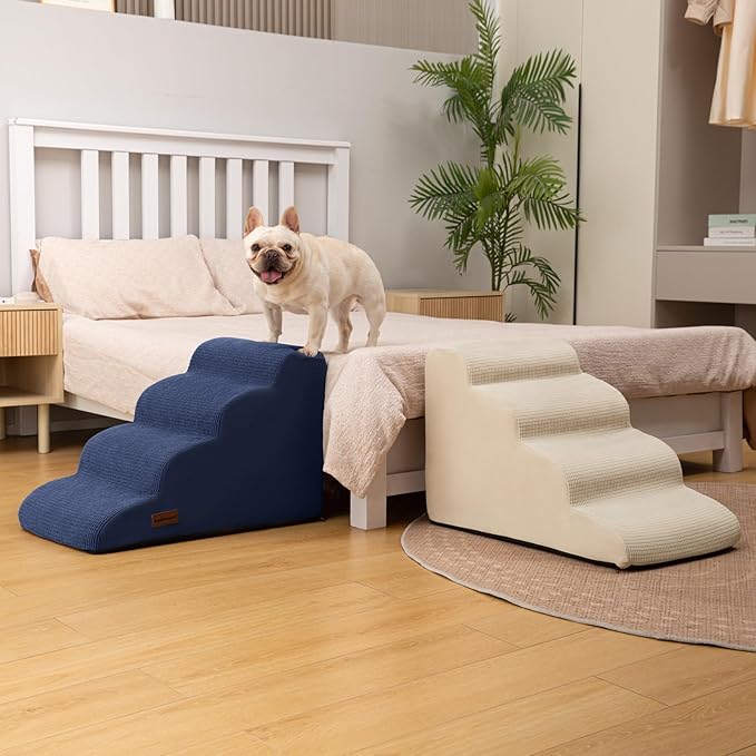 4-Step Dog Stairs and Ramp for Beds or Couches,Non-Slip Sturdy Pet Steps for Small Dogs and Cats,17.4" H,Blue-PawvioPets