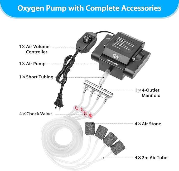 AQQA Aquarium Air Pump Powerful Pond Aerator Oxygen Pump 4 Outlets Adjustable Hydroponic Air Bubbler Pump with Air Stone Tube Air Valves for Up to 1000Gal (15W,356GPH)-PawvioPets