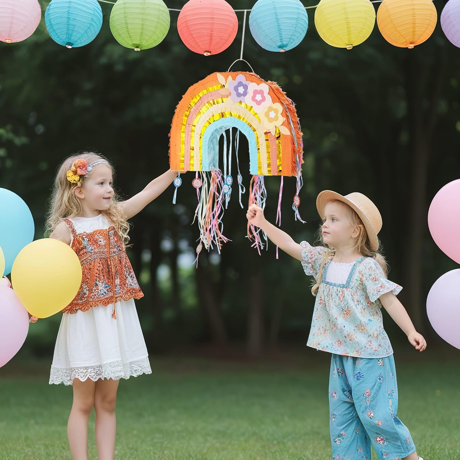 WERNNSAI Foldable Rainbow Pinata - Rainbow Pull String Pinata with Blindfold and Bat for Bundle Piñata Boho Theme Birthday Baby Shower Party Decoration Carnival Party Games Supplies 16.4" x 12.3"