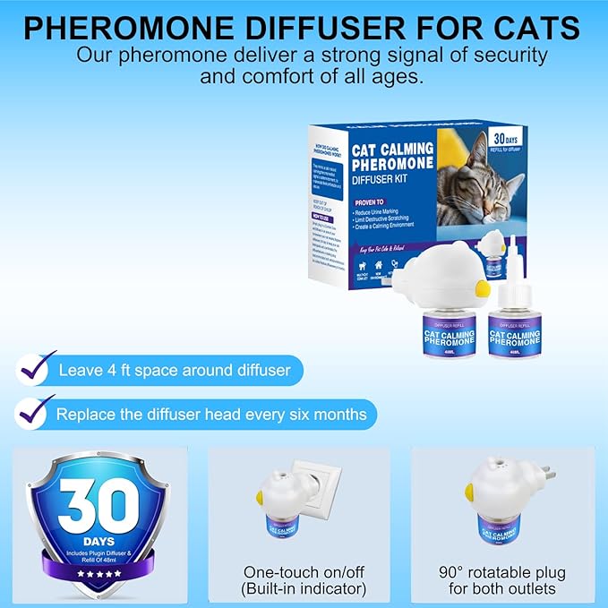 Cat Calming Diffuser Kit for Cat Anxiety Relief, 3-in-1 Cat Pheromone Diffuser Kit with 1 Diffuser +2 Refill 48ml Vial for 60-Day Use, Reduces Separation Anxiety, Aggression, and Stress-PawvioPets